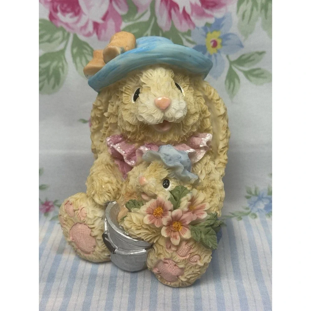 K's Collection Bunny Rabbit Figurine w/‎ Baby & Flowers Hat Resin Easter 4